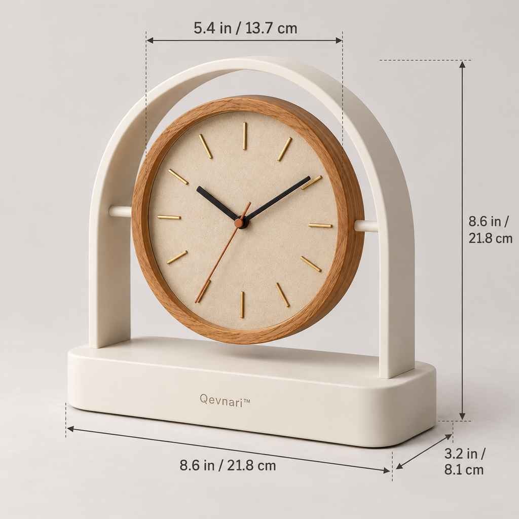 Qevnari™ Arc Desk Clock — Warm Oak