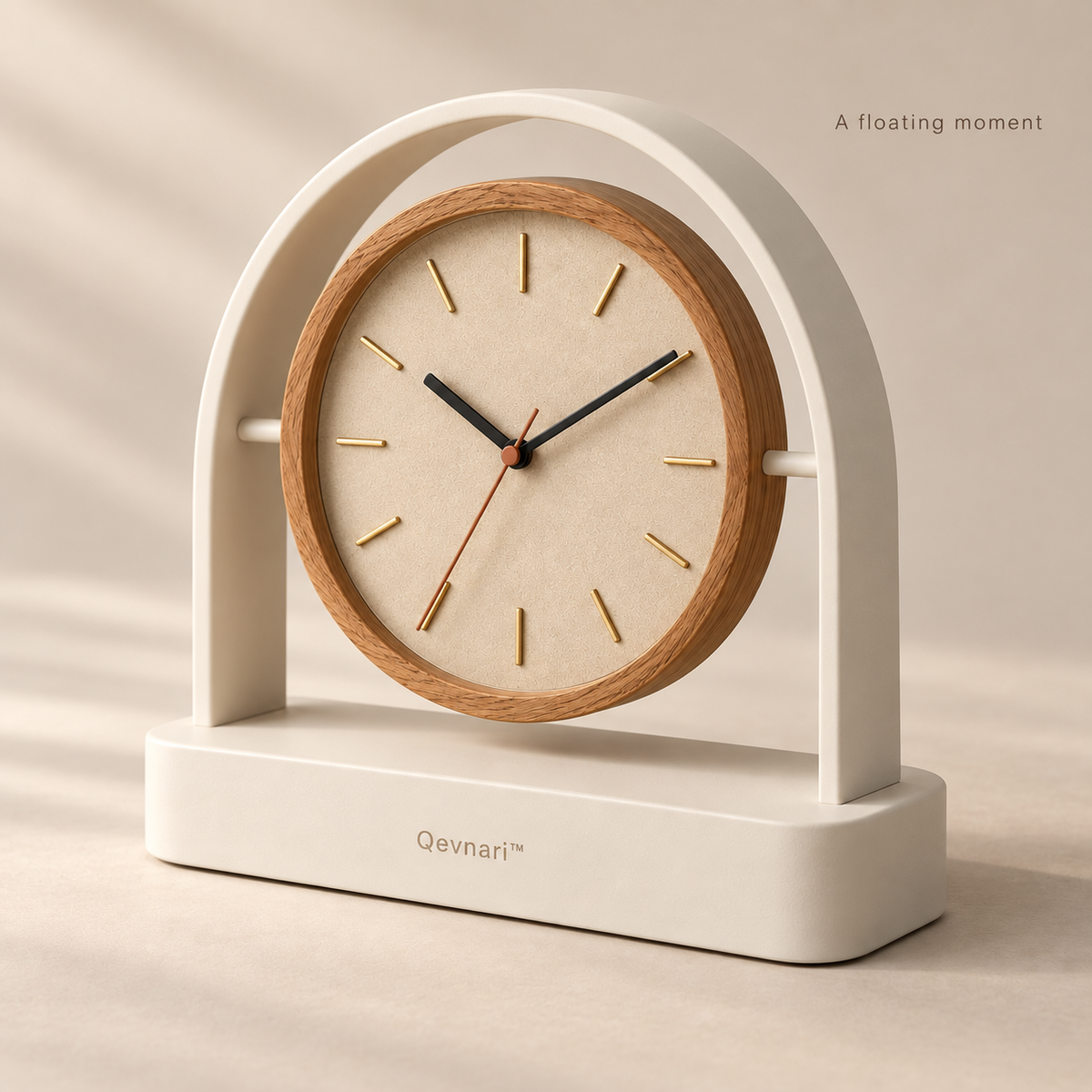Qevnari™ Arc Desk Clock — Warm Oak
