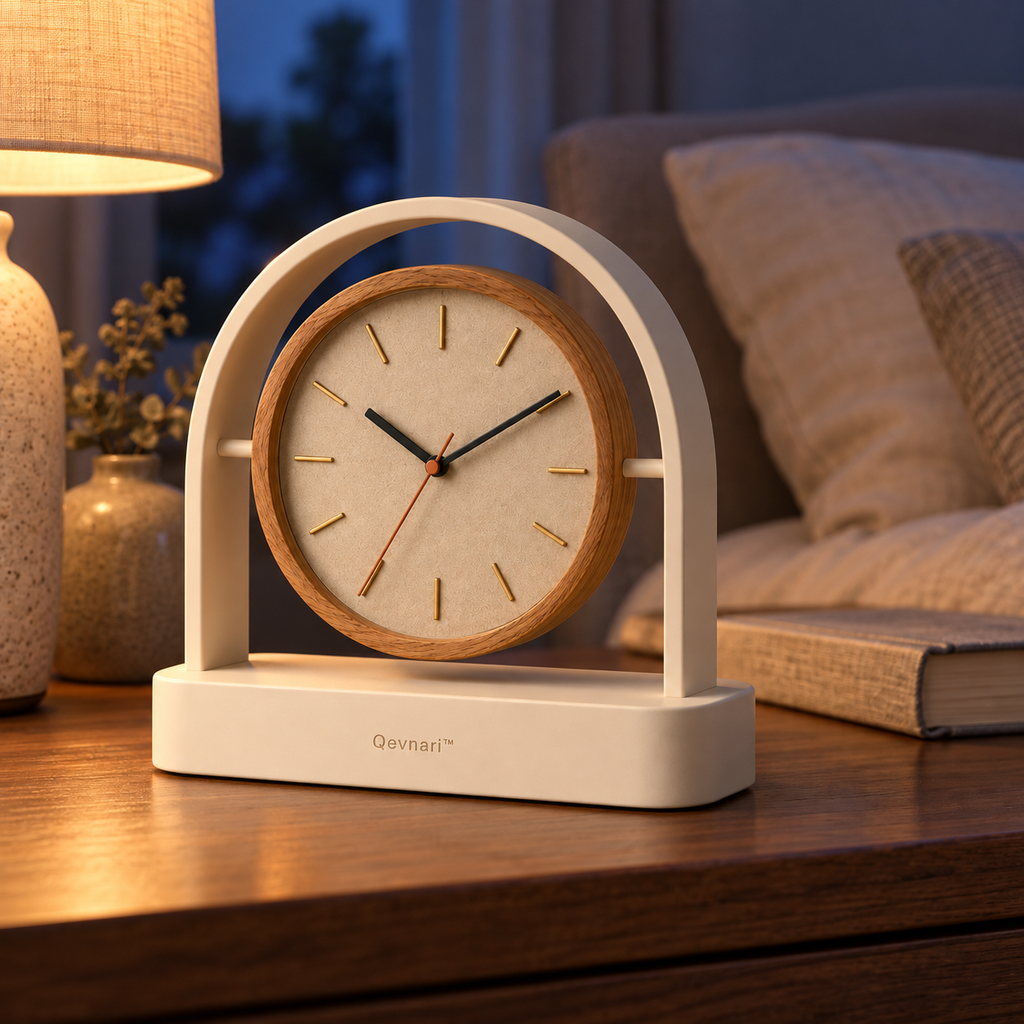 Qevnari™ Arc Desk Clock — Warm Oak