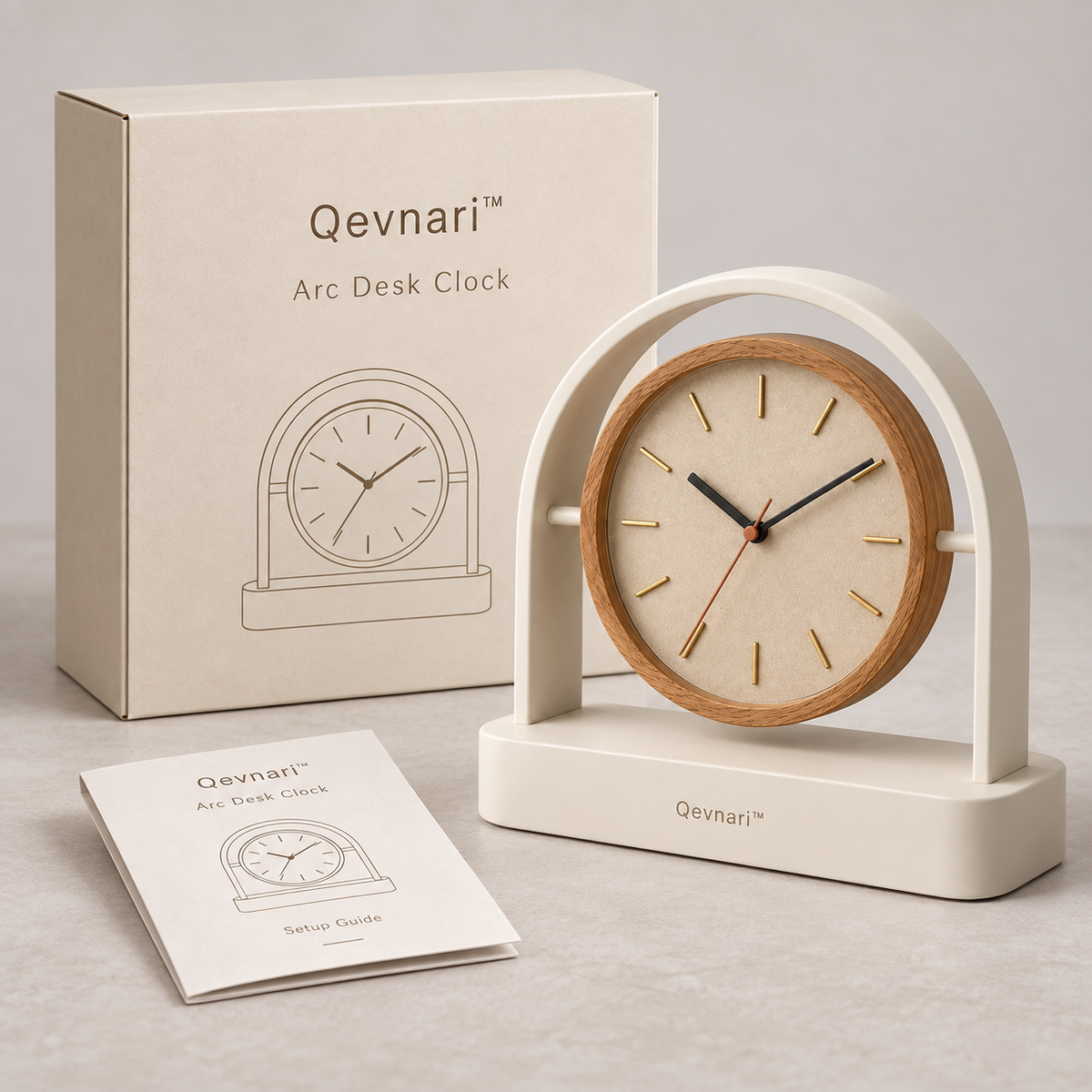 Qevnari™ Arc Desk Clock — Warm Oak