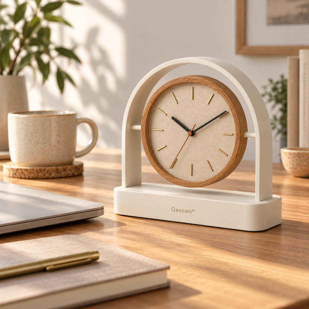 Qevnari™ Arc Desk Clock — Warm Oak