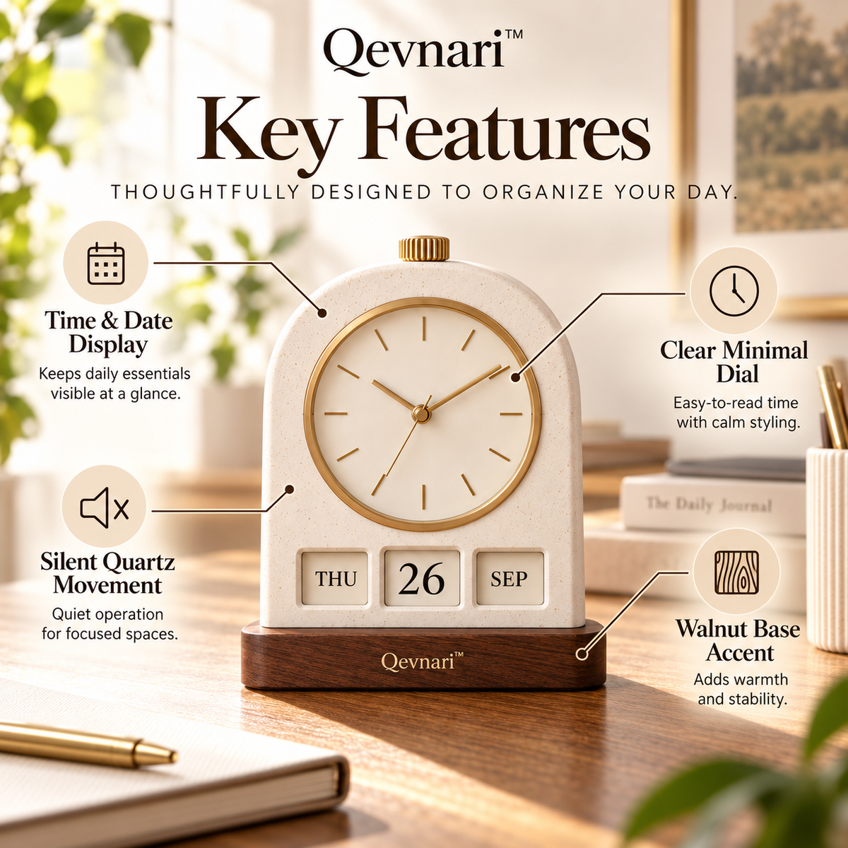 Qevnari™ Calendar Desk Clock