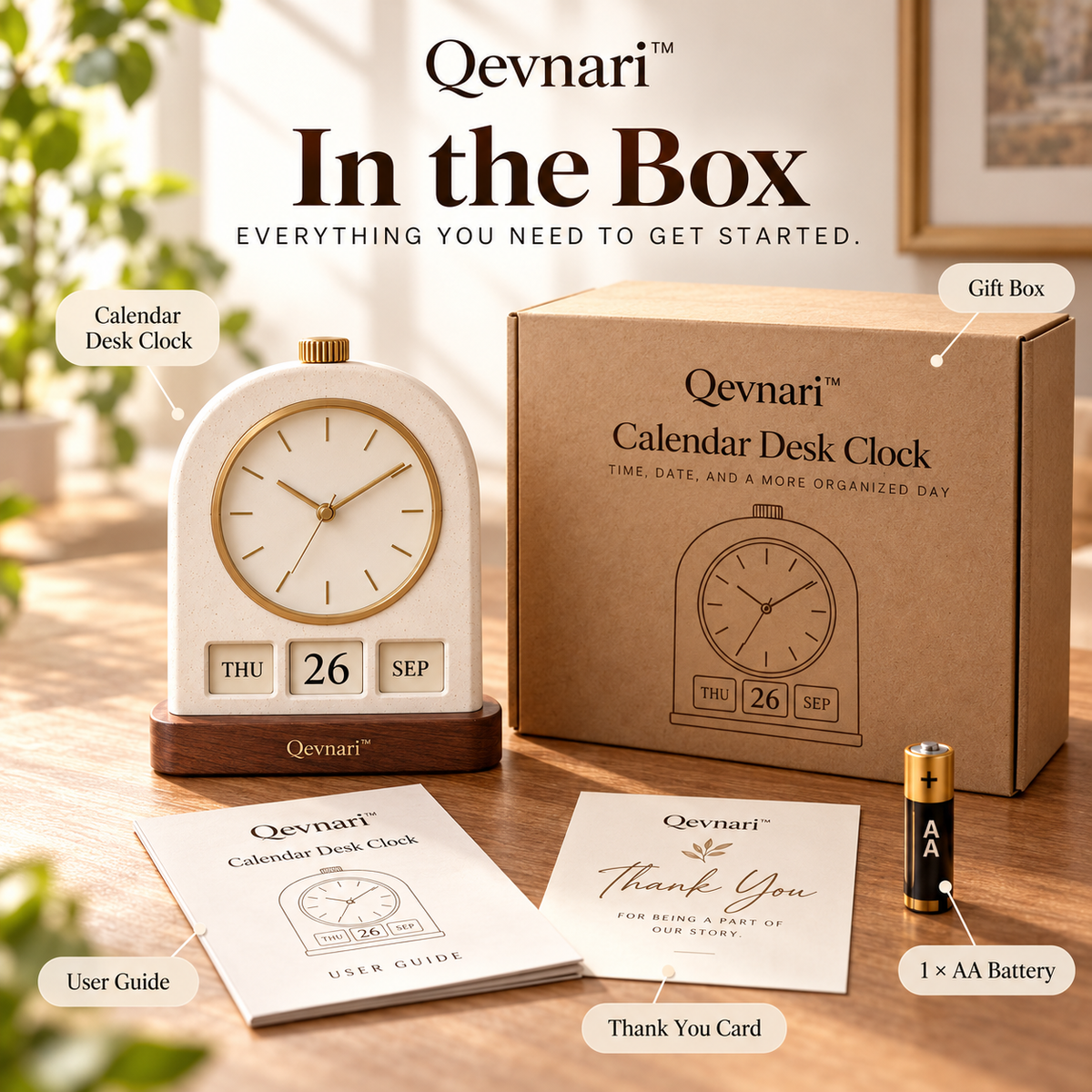 Qevnari™ Calendar Desk Clock